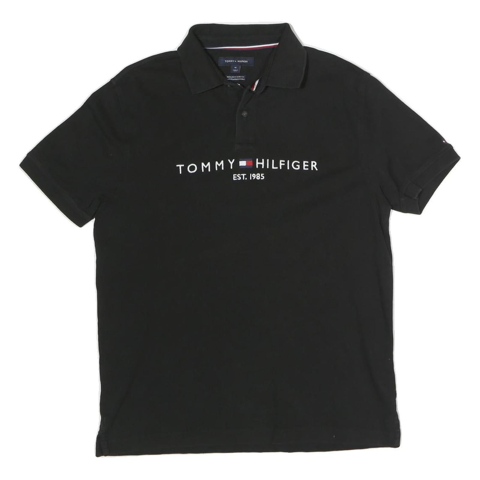 TOMMY HILFIGER Mens Black Short Sleeve Logo Polo Shirt M Cotton Blend Casual