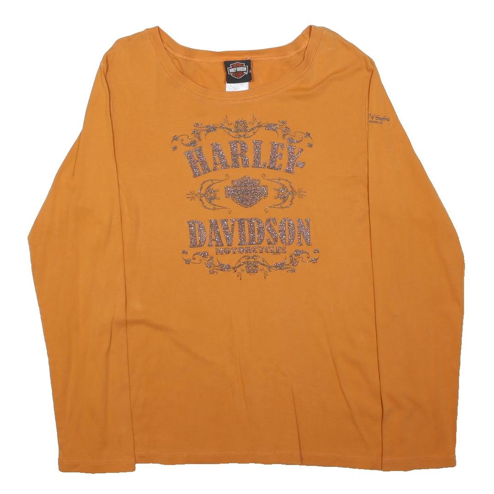 HARLEY DAVIDSON Womens Orange Long Sleeve Crew Neck T-Shirt XL Glitter Logo