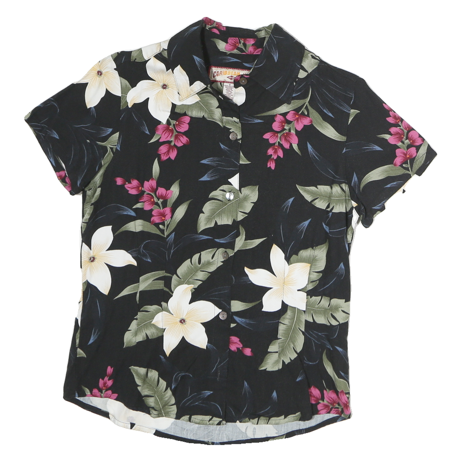 CARRIBEAN JOE Womens Black Floral Print Cotton Shirt S Tropical Summer Blouse