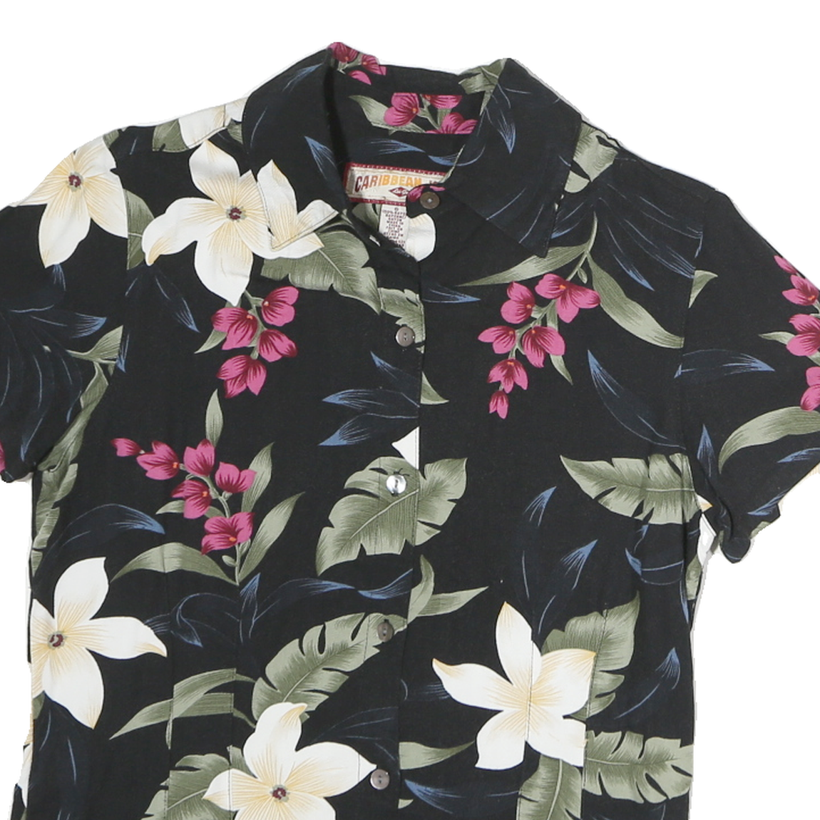 CARRIBEAN JOE Womens Black Floral Print Cotton Shirt S Tropical Summer Blouse