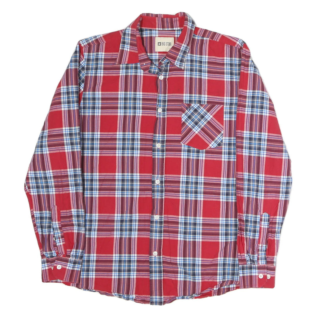 BIG STAR Mens Red & Blue Check Shirt M Cotton Long Sleeve Casual