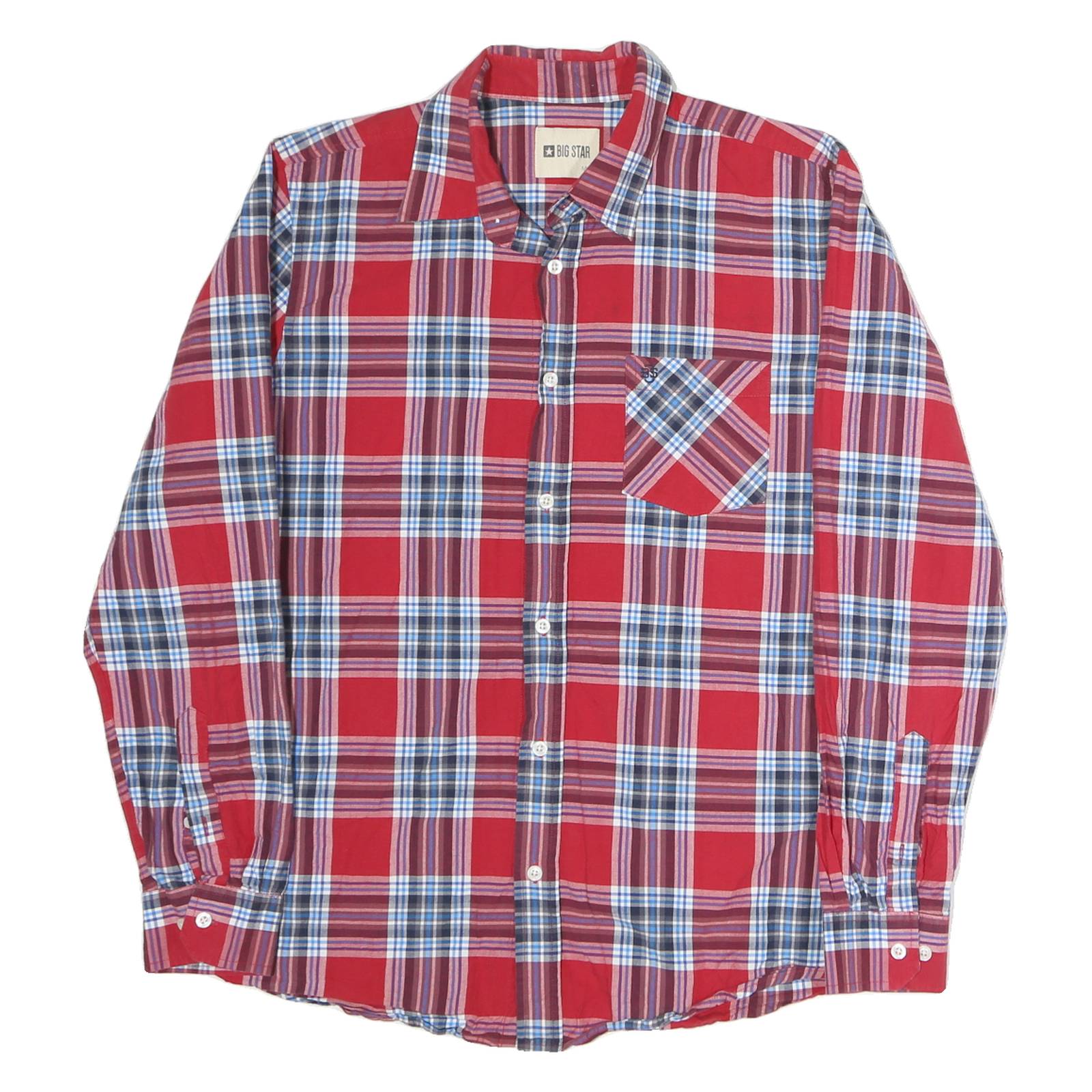 BIG STAR Mens Red & Blue Check Shirt M Cotton Long Sleeve Casual
