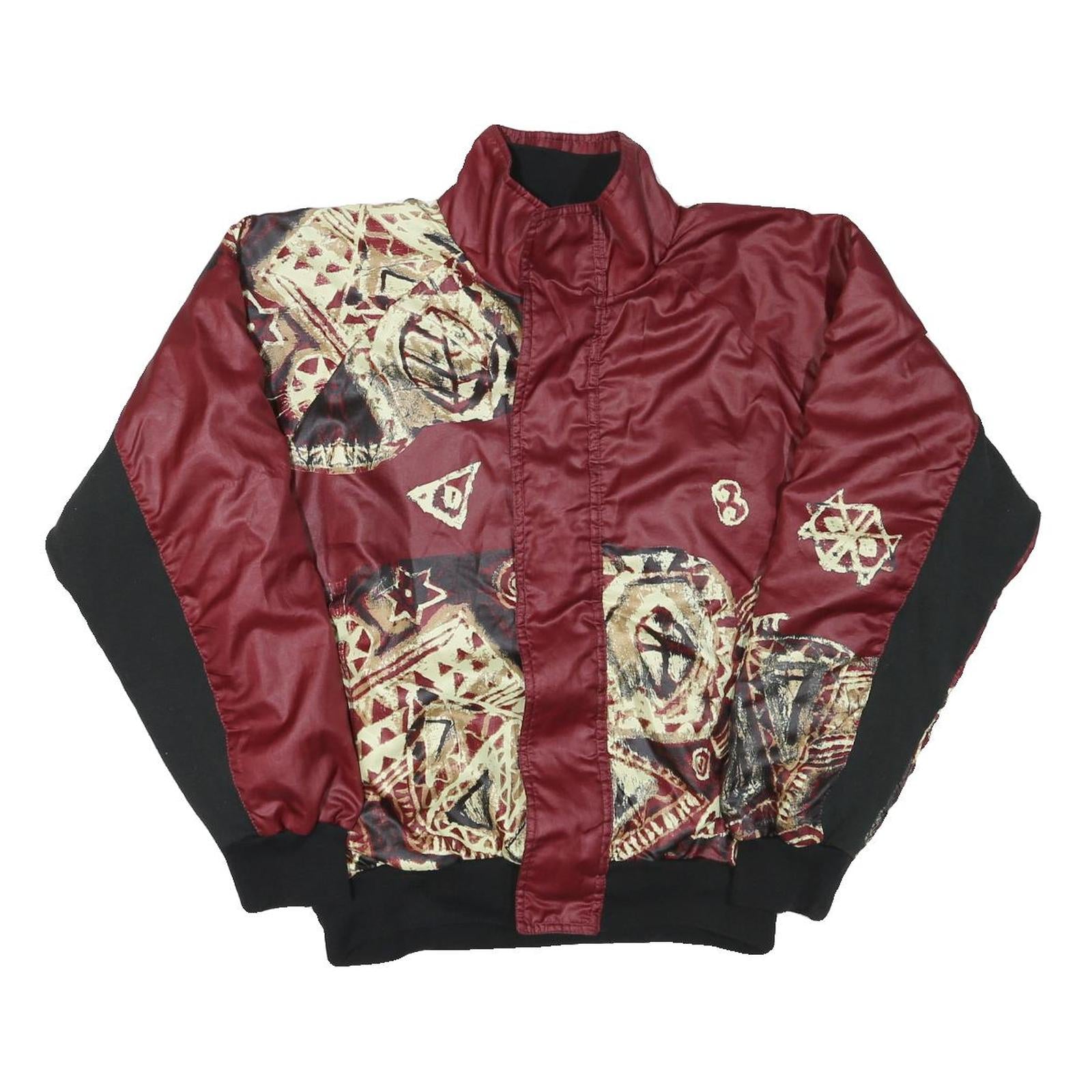 Mens Burgundy & Black Abstract Pattern Zip Jacket L Polyester Blend Casual Cool