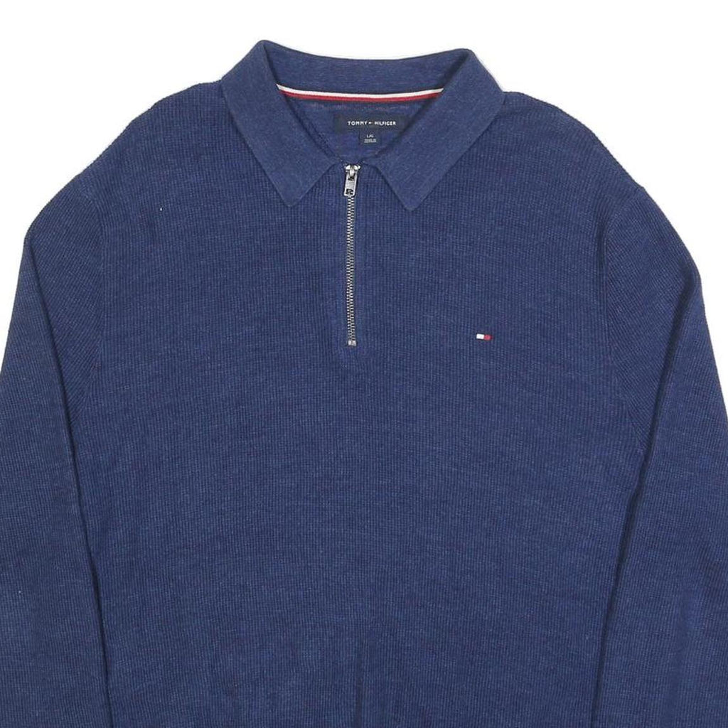 TOMMY HILFIGER Mens Blue Plain Zip Pullover Jumper Cotton L Casual Comfort