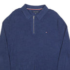 TOMMY HILFIGER Mens Blue Plain Zip Pullover Jumper Cotton L Casual Comfort