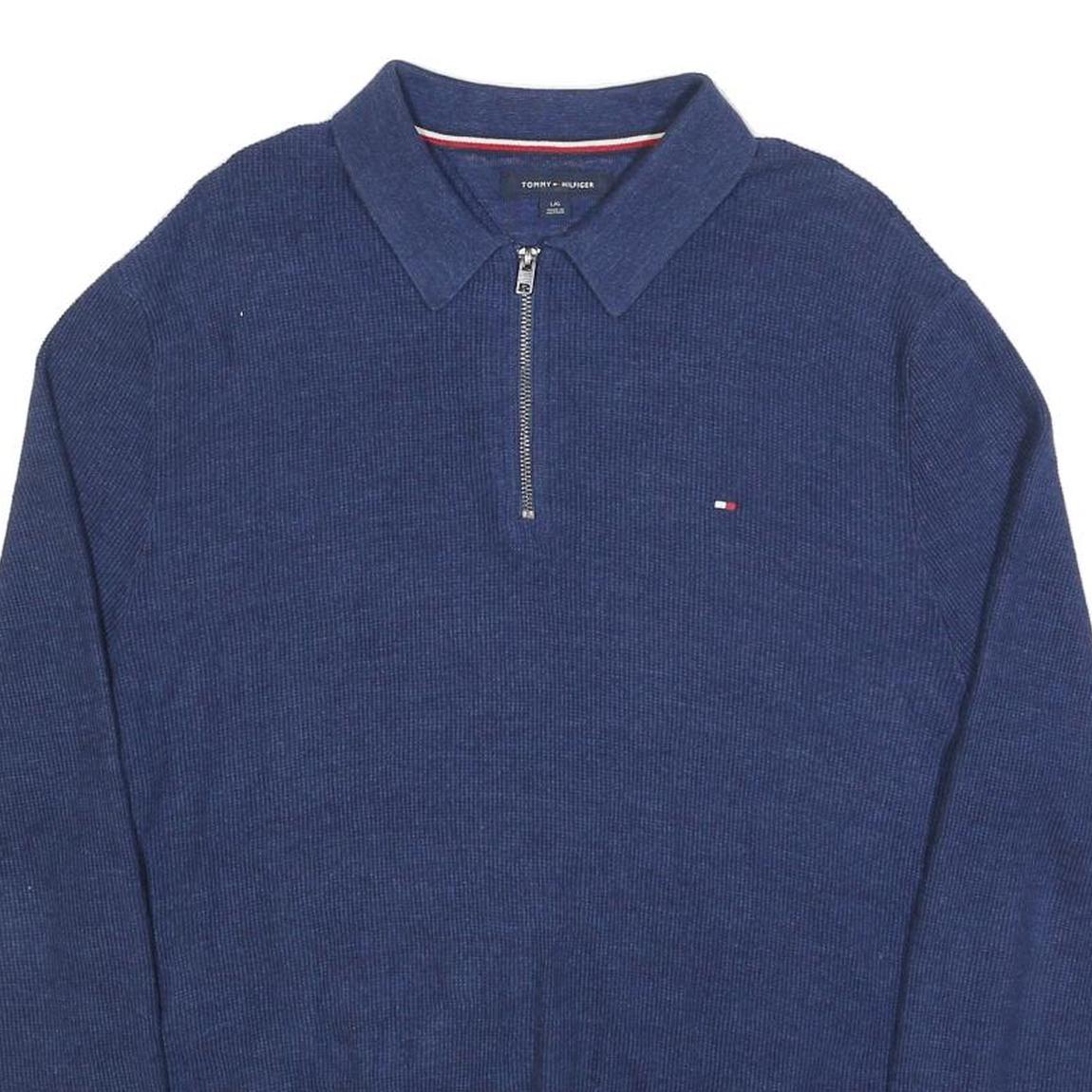 TOMMY HILFIGER Mens Blue Plain Zip Pullover Jumper Cotton L Casual Comfort