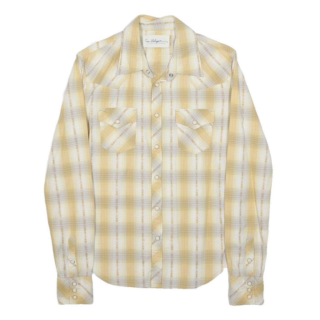 TRUE RELIGION Womens Beige & Cream Plaid Shirt S Western Style Cotton Blend Snap