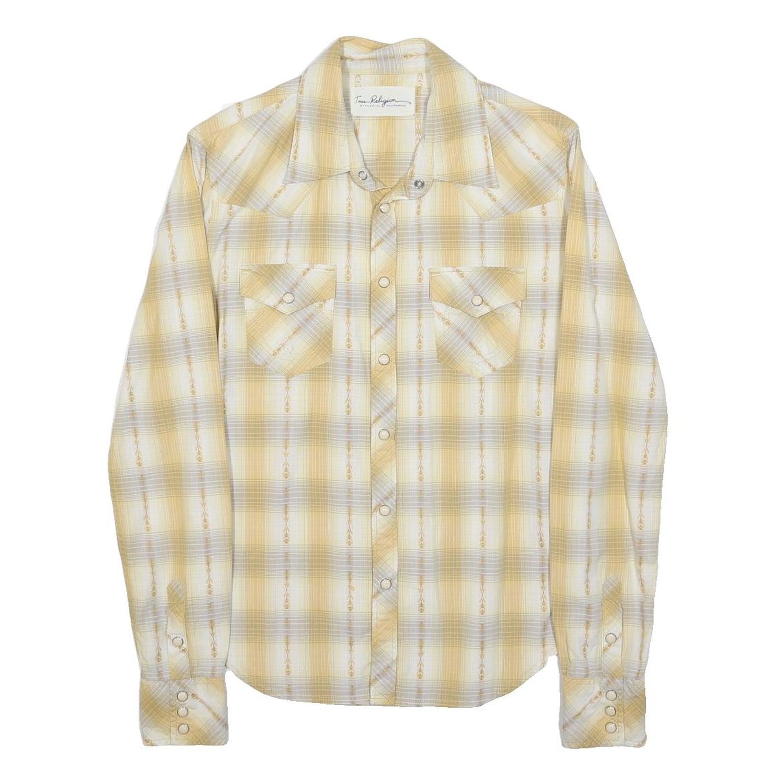 TRUE RELIGION Womens Beige & Cream Plaid Shirt S Western Style Cotton Blend Snap