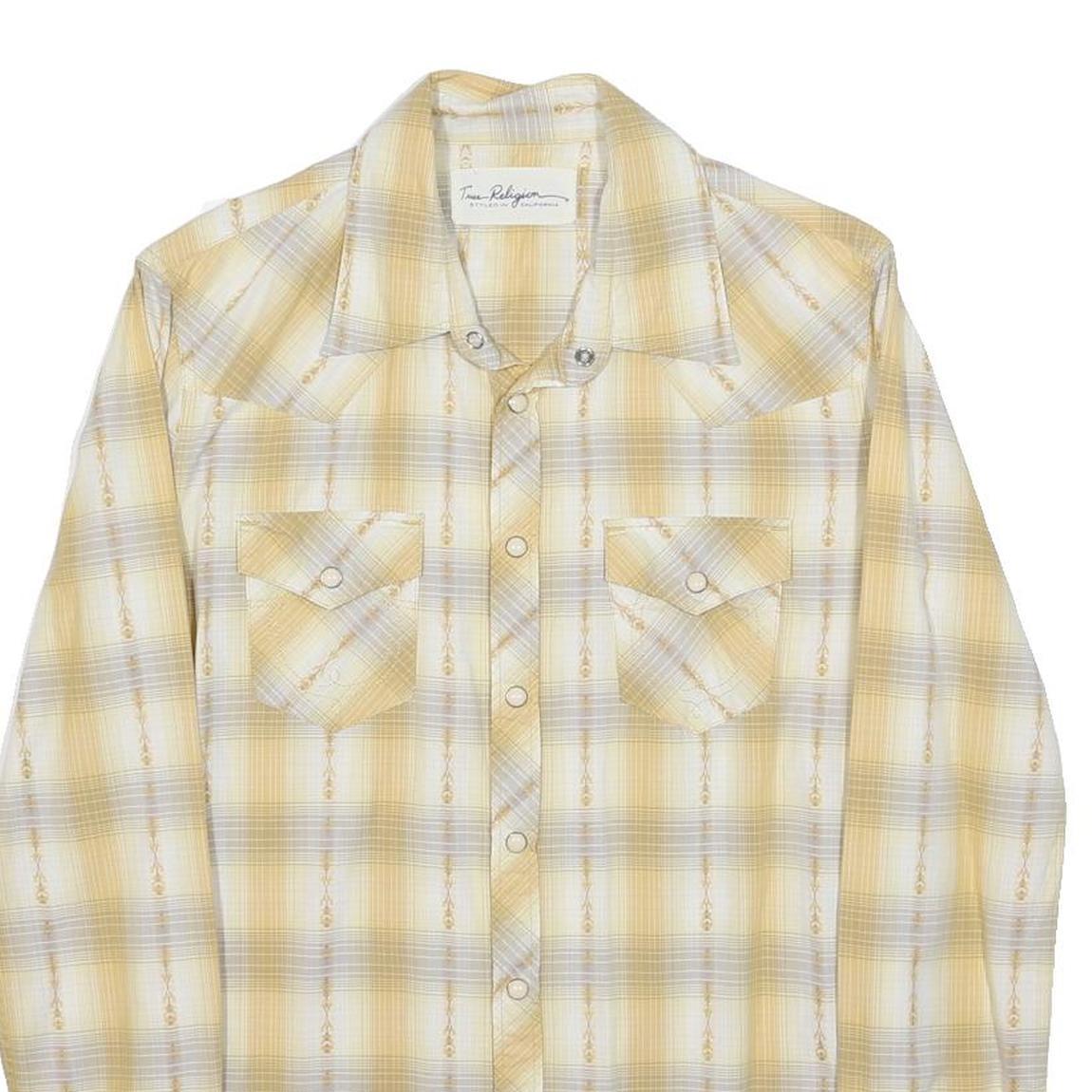 TRUE RELIGION Womens Beige & Cream Plaid Shirt S Western Style Cotton Blend Snap