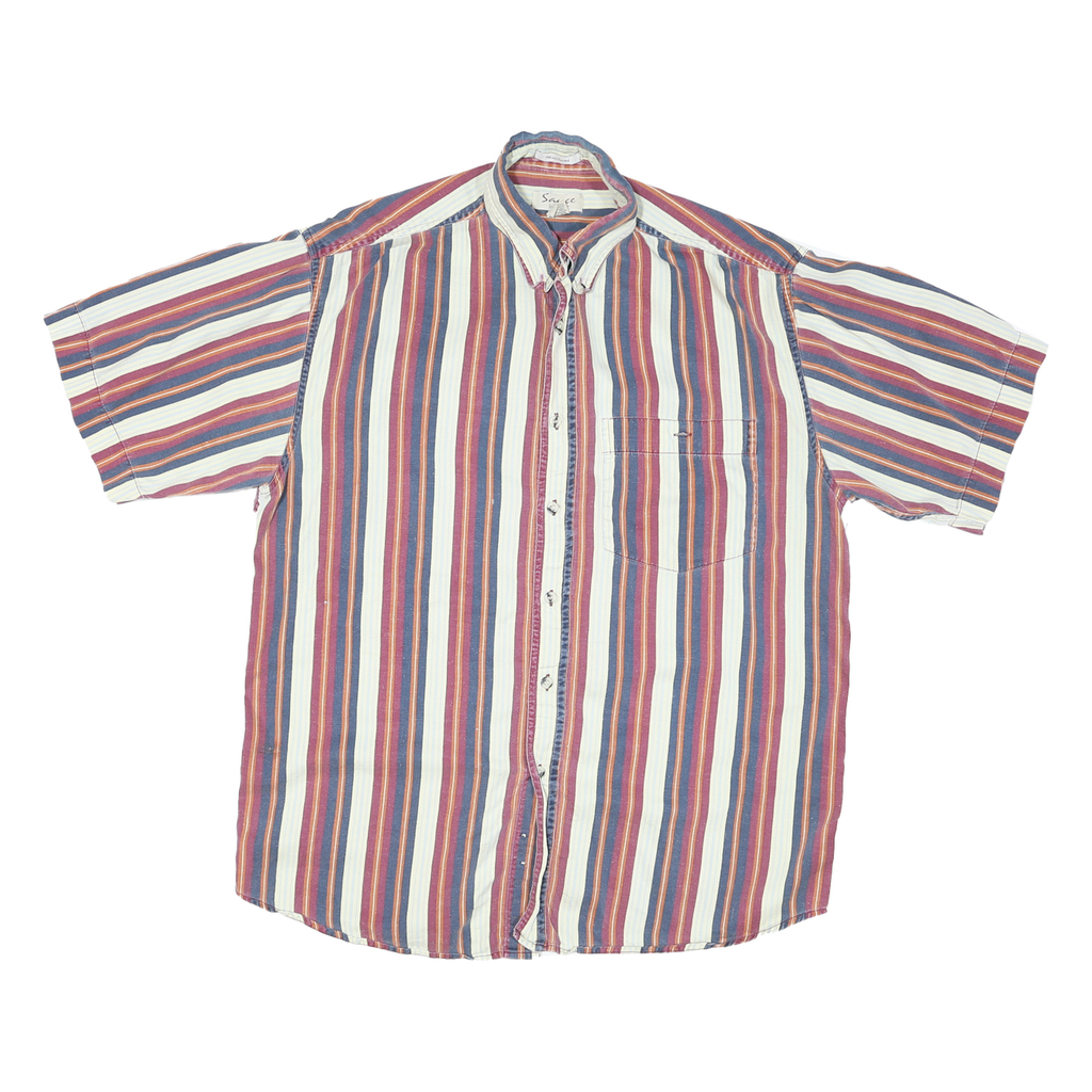 SAUCE Mens White & Red Striped Cotton Blend Shirt M Casual Summer Short Sleeve