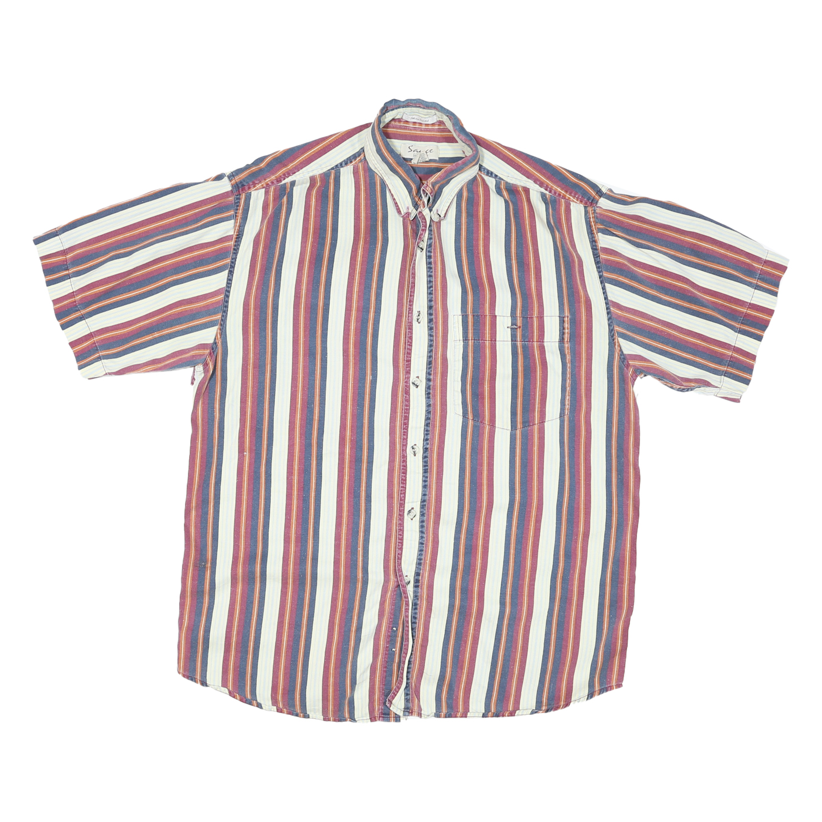 SAUCE Mens White & Red Striped Cotton Blend Shirt M Casual Summer Short Sleeve