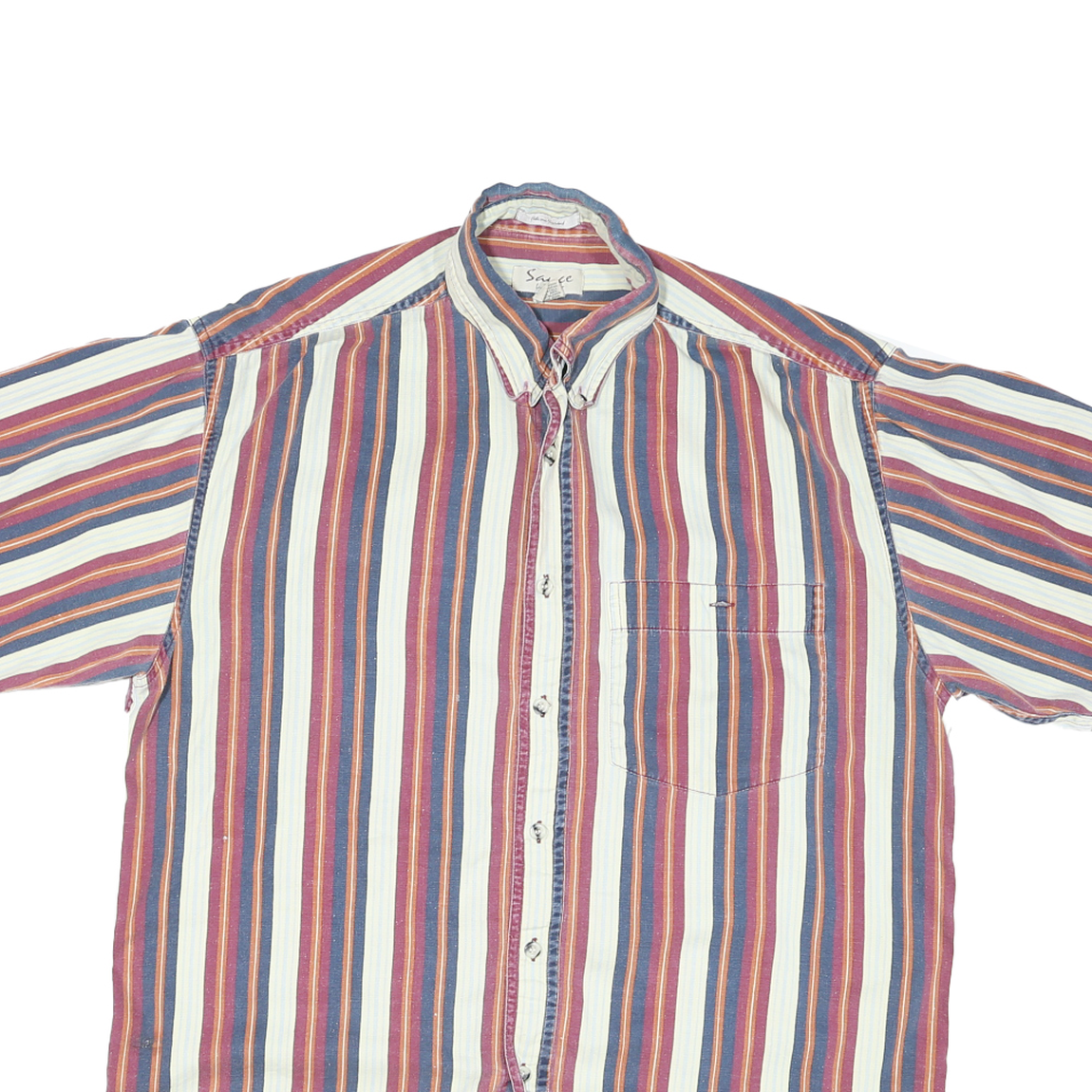SAUCE Mens White & Red Striped Cotton Blend Shirt M Casual Summer Short Sleeve