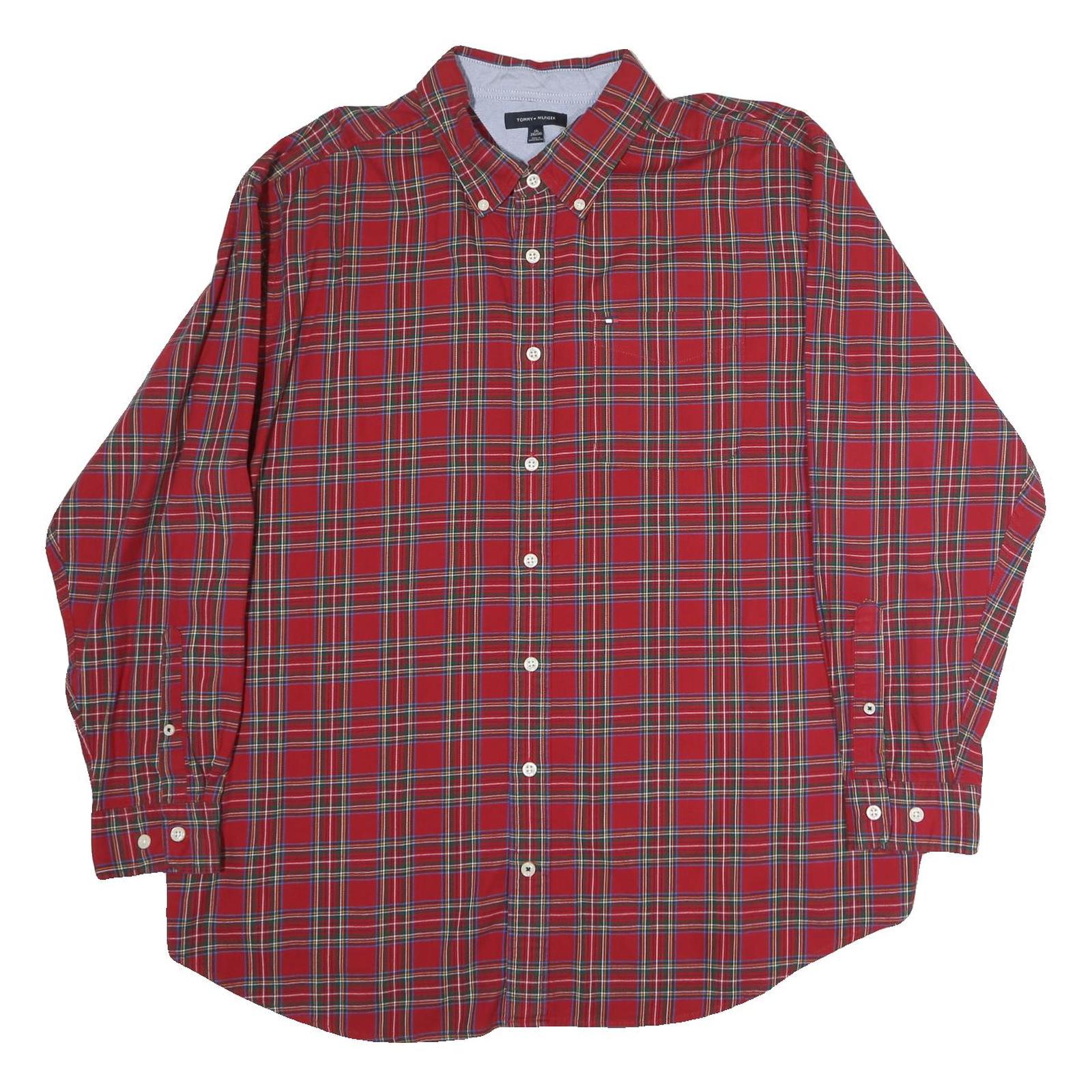TOMMY HILFIGER Mens Red Check Shirt 2XL Cotton Long Sleeve Button Down