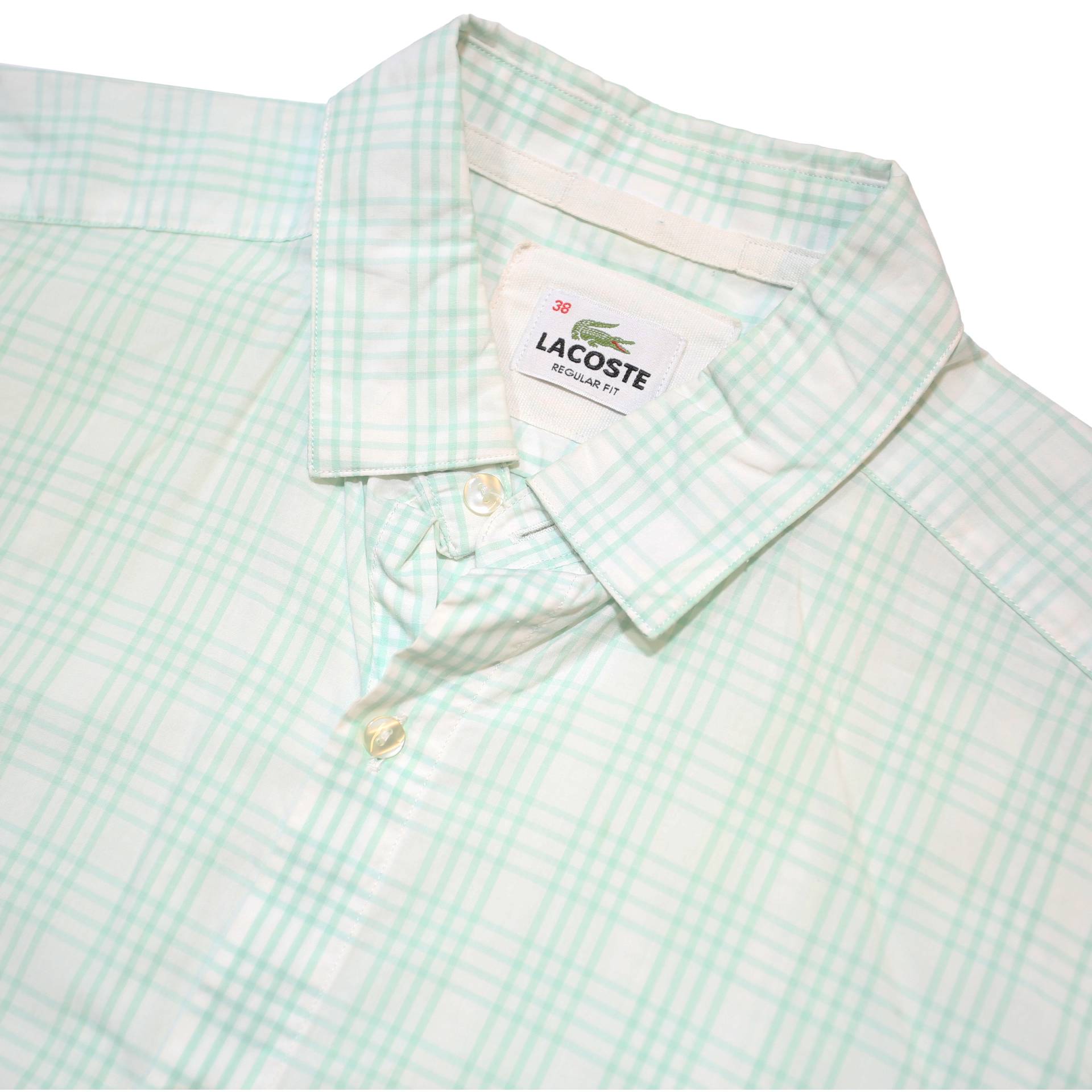 LACOSTE Mens White & Light Green Check Shirt M Classic Cotton Long Sleeve