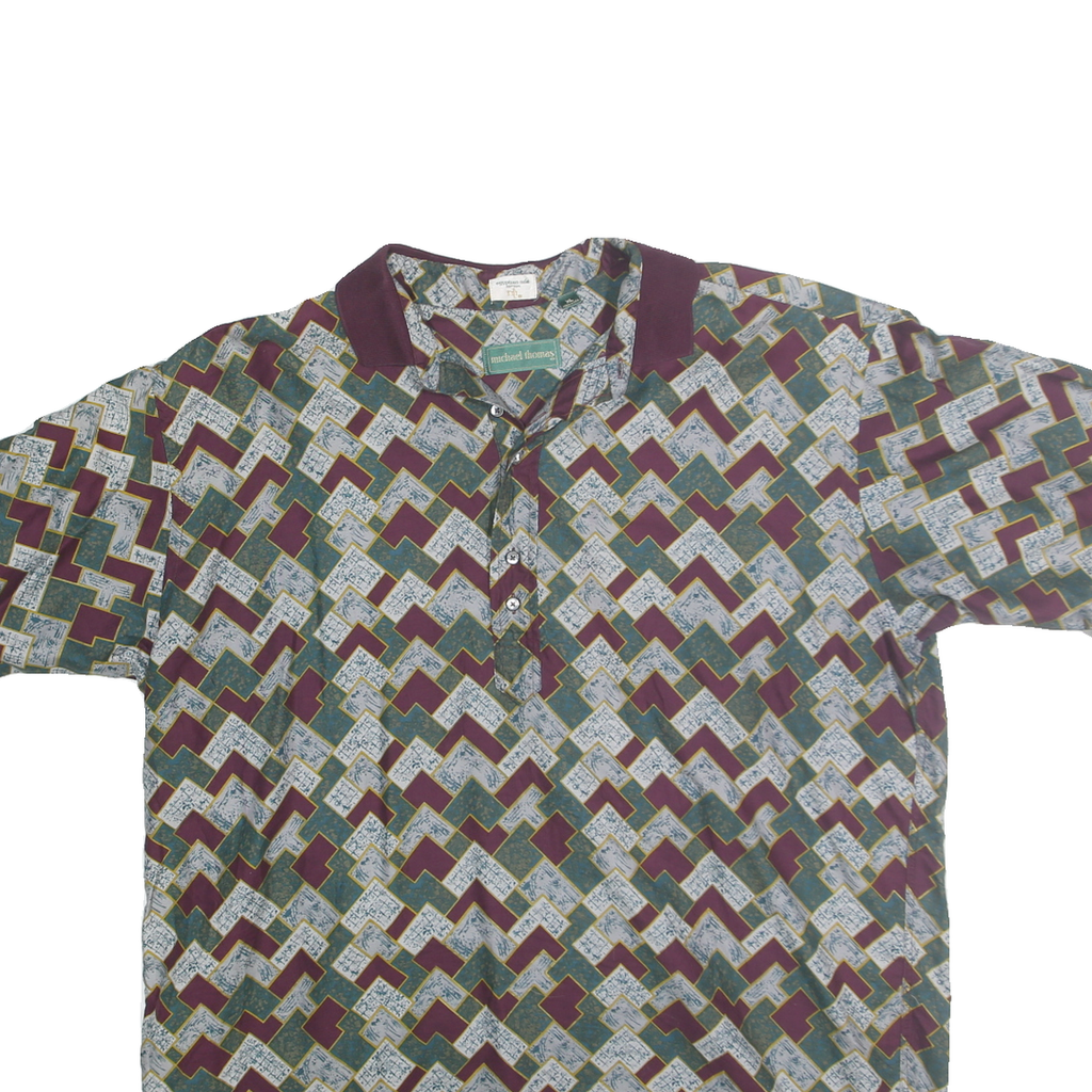 MICHAEL THOMAS Mens Burgundy Green & Cream Geometric Print Short Sleeve XL Polo