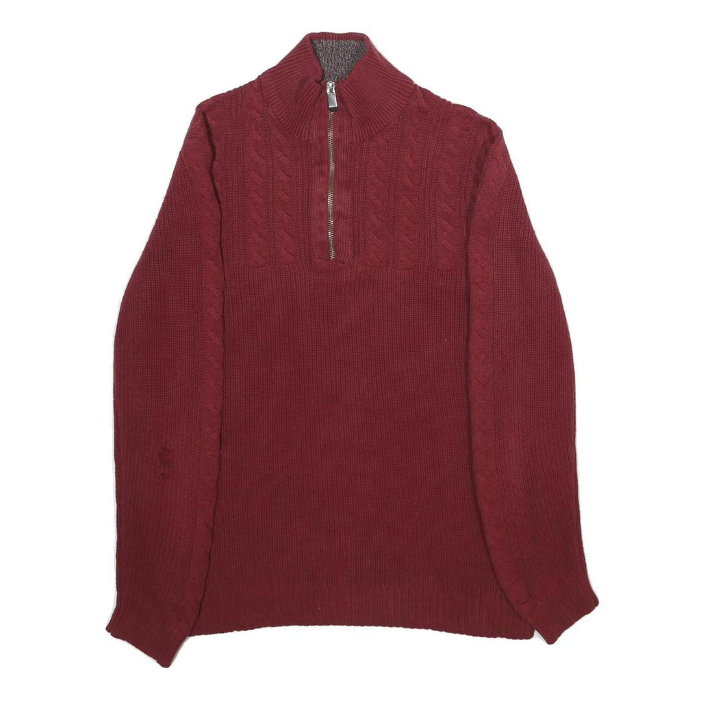 CALVIN KLEIN Mens Red Patterned Half Zip Chunky Knit Jumper M Cable Knit