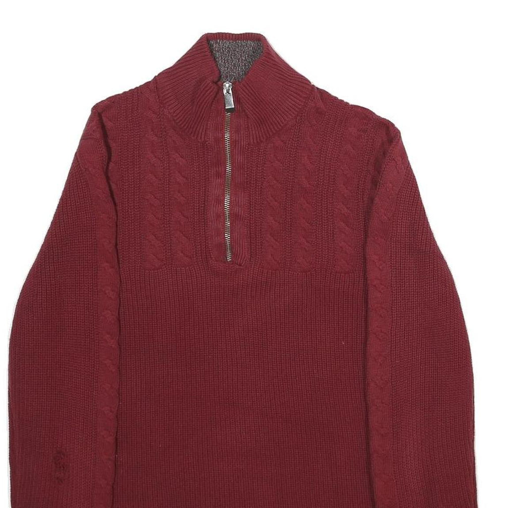 CALVIN KLEIN Mens Red Patterned Half Zip Chunky Knit Jumper M Cable Knit