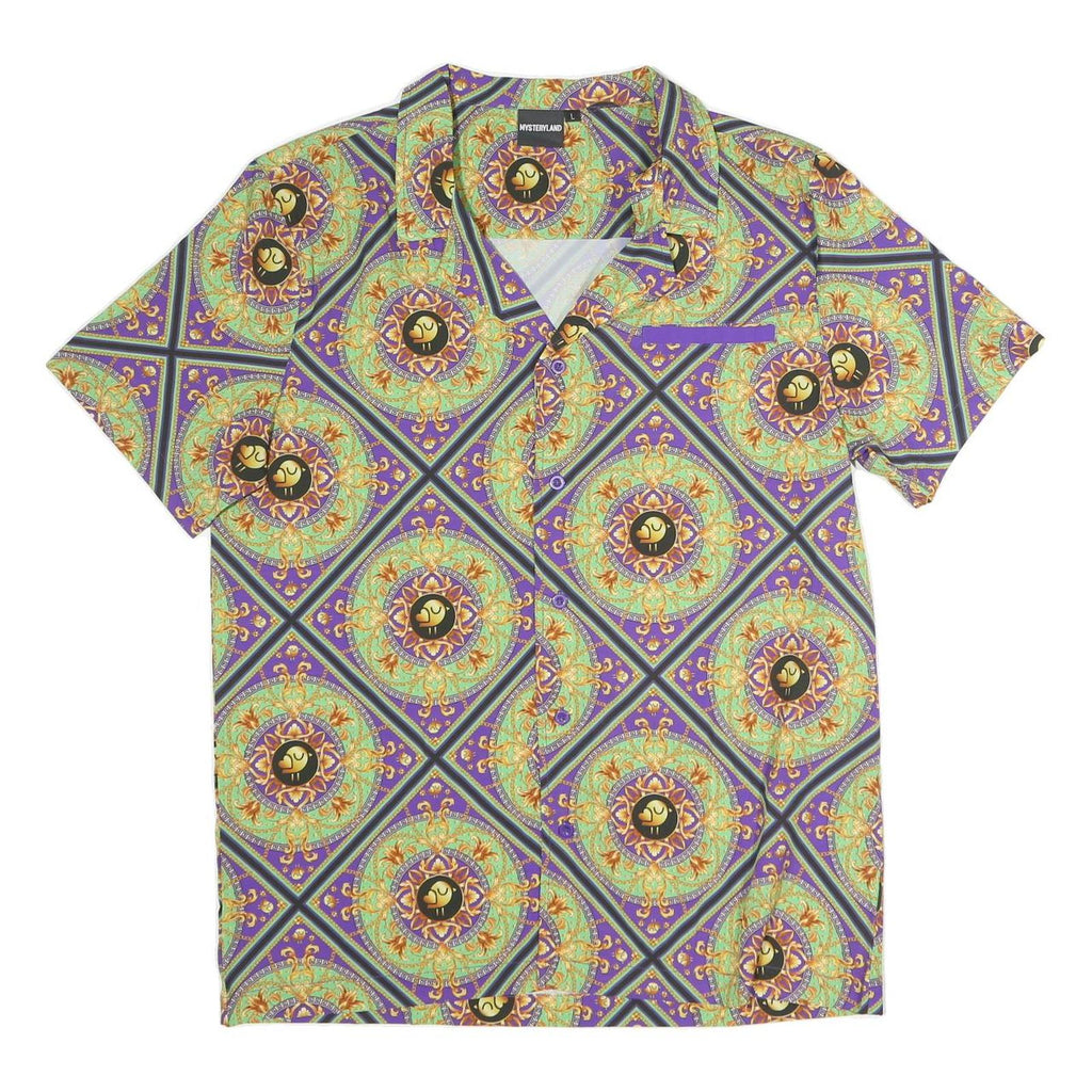 MYSTERY LAND Mens Purple Printed Classic Shirt Short Sleeve Button Collar L
