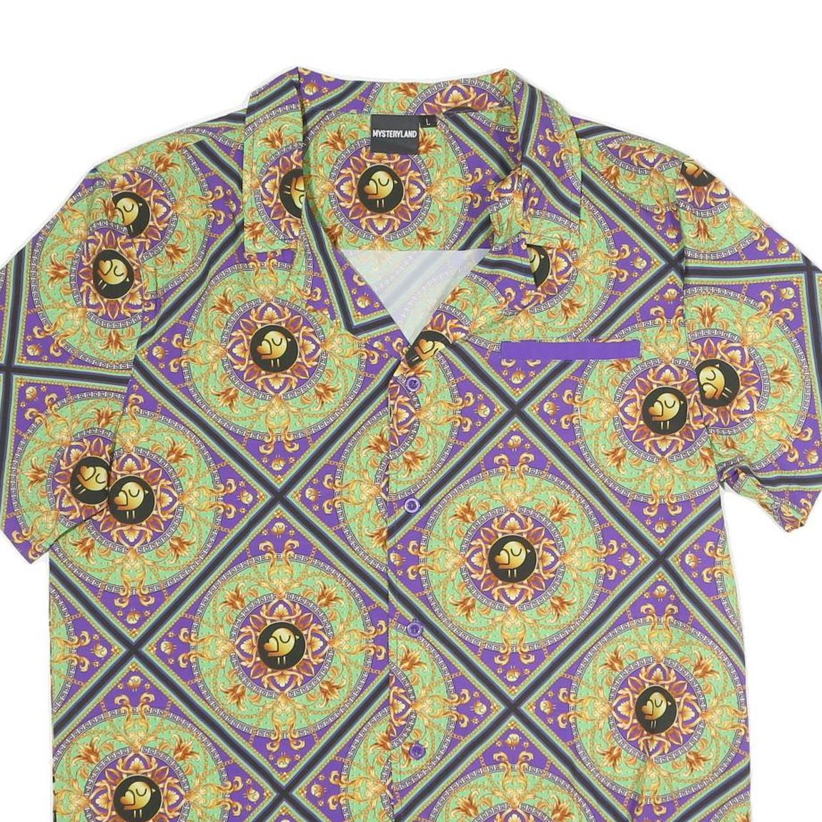 MYSTERY LAND Mens Purple Printed Classic Shirt Short Sleeve Button Collar L