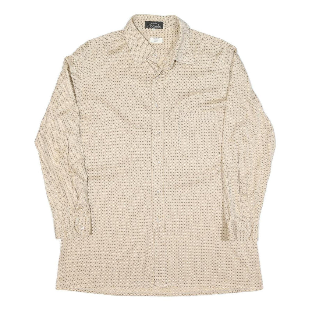 Mens Beige & Brown Patterned Shirt M Cotton Blend Classic Casual Button Down