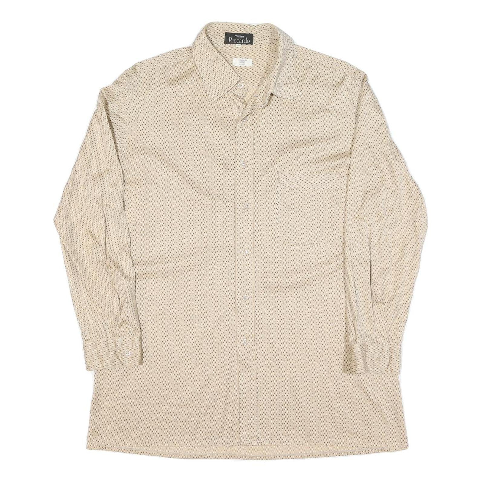 Mens Beige & Brown Patterned Shirt M Cotton Blend Classic Casual Button Down