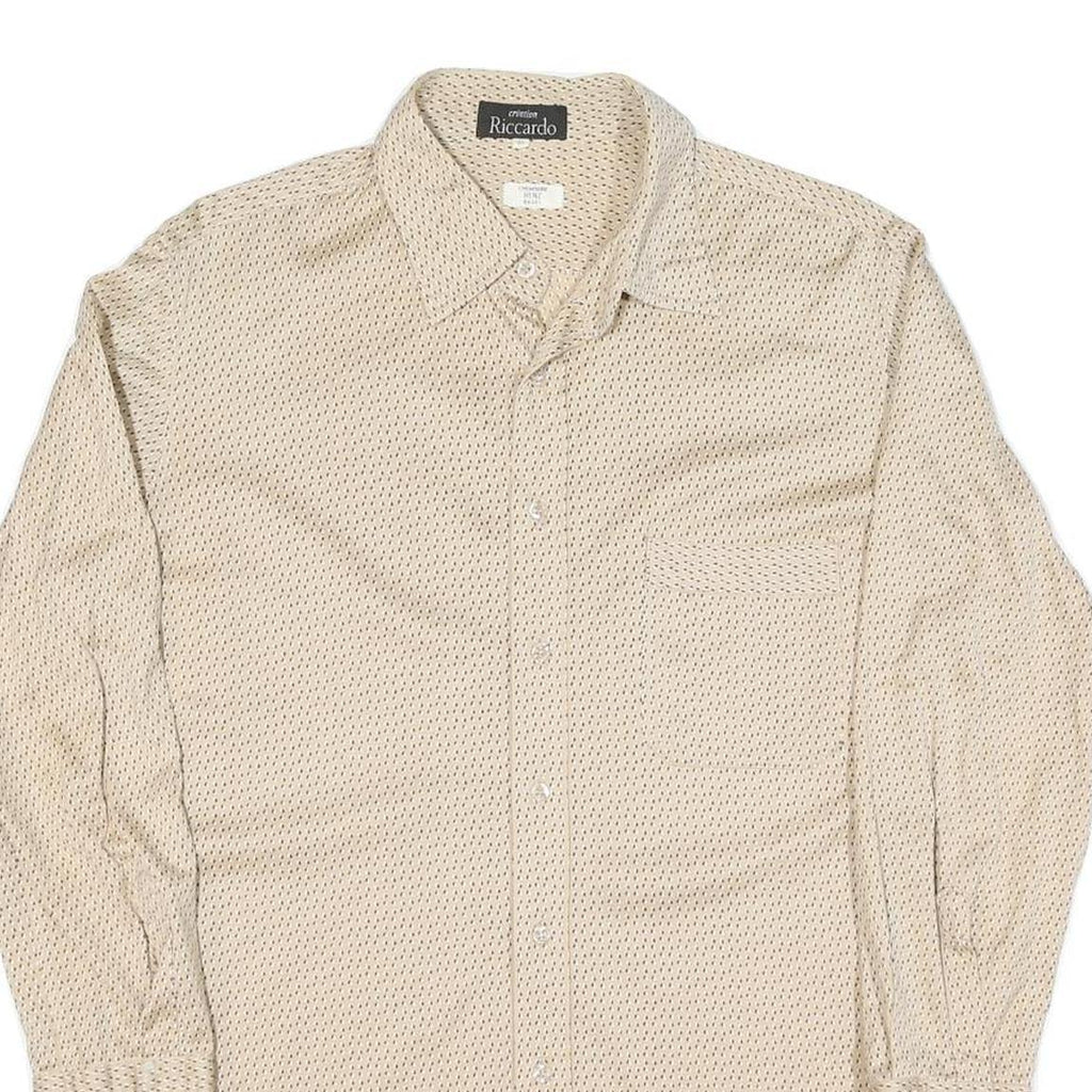Mens Beige & Brown Patterned Shirt M Cotton Blend Classic Casual Button Down