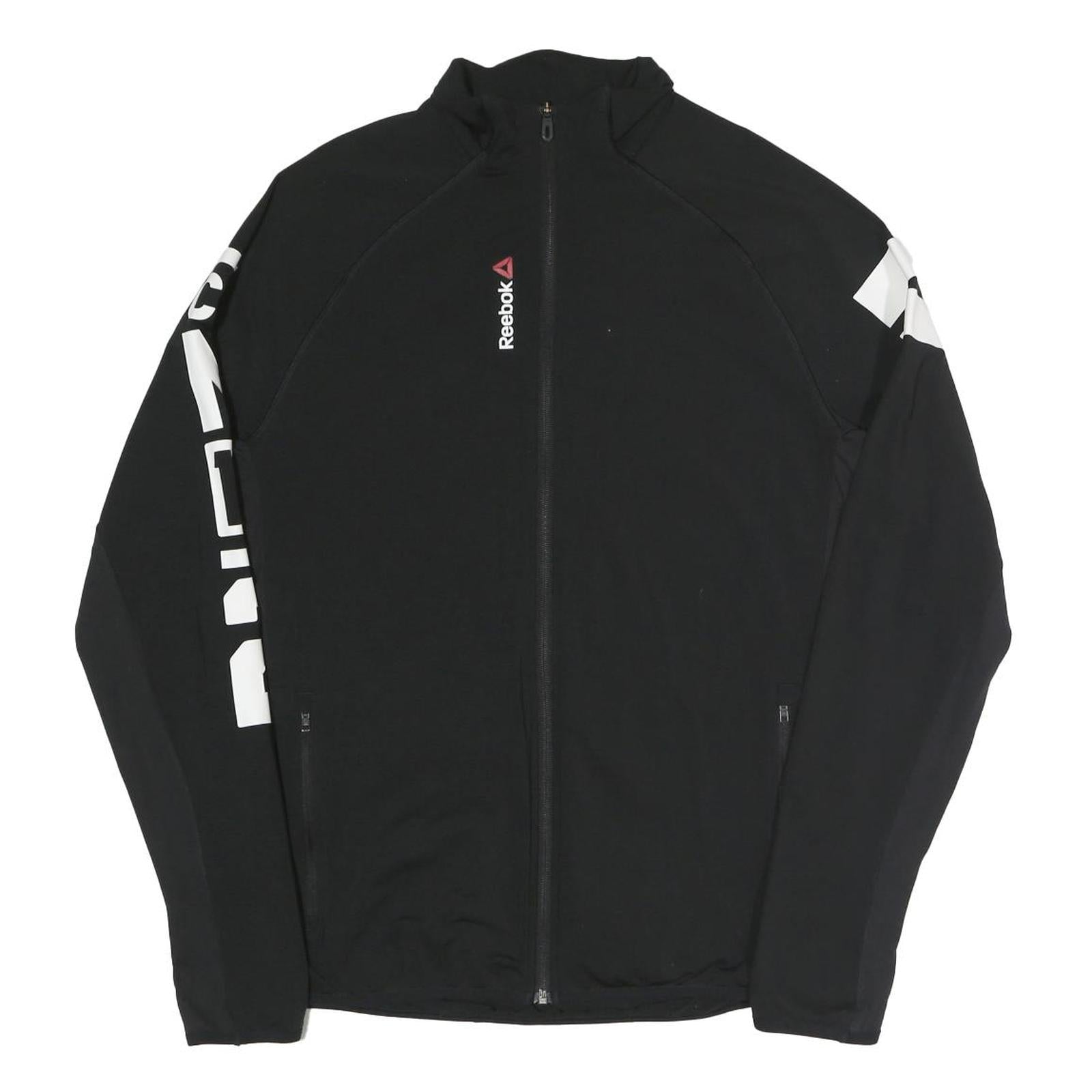 REEBOK Mens Black Polyester Blend Track Jacket L Zip Printed Sleeve Activewear