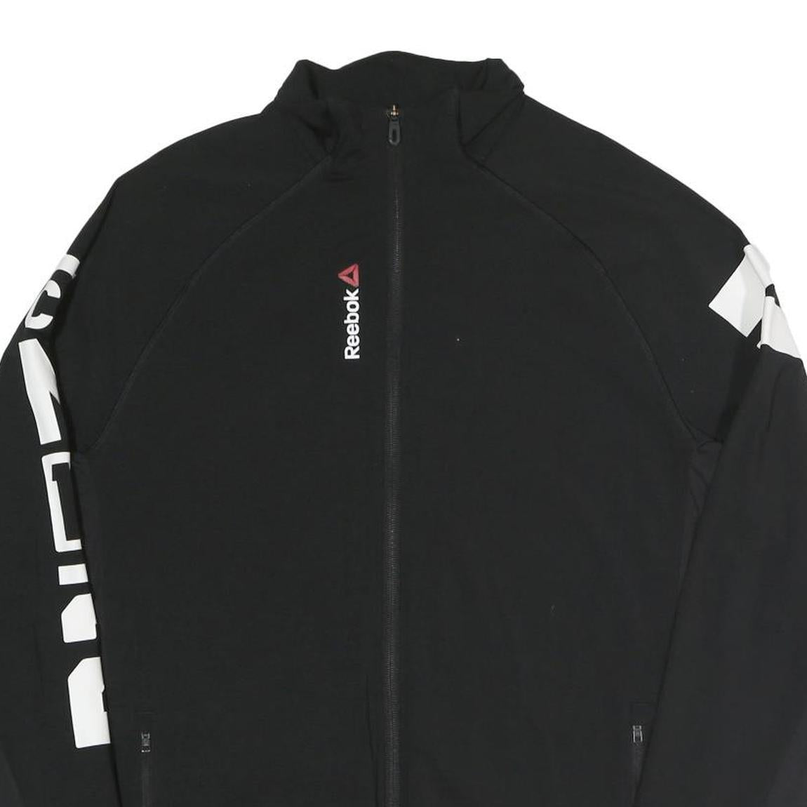 REEBOK Mens Black Polyester Blend Track Jacket L Zip Printed Sleeve Activewear