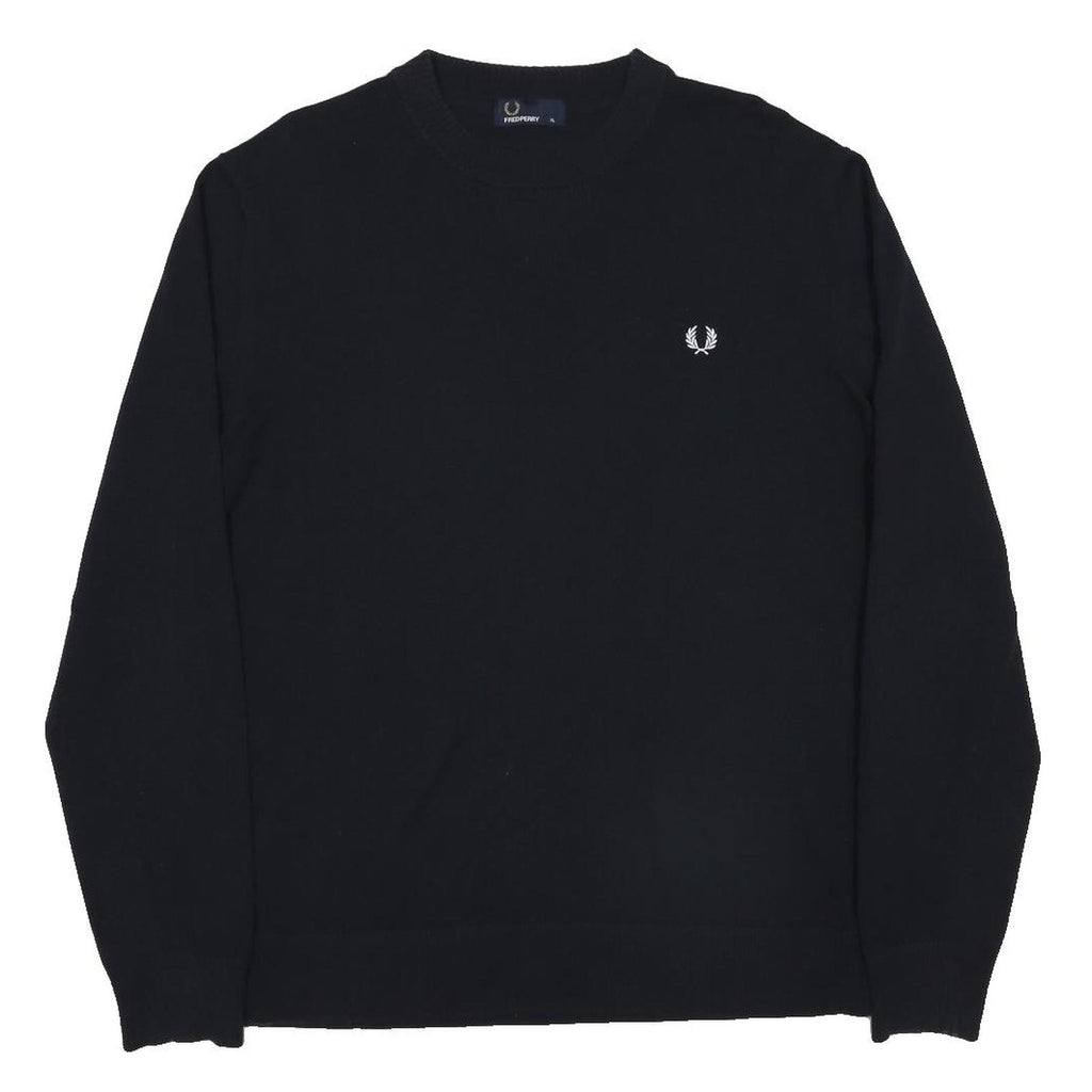 FRED PERRY Mens Black Plain Crew Neck Band Collar Basic Knit Pullover Jumper XL