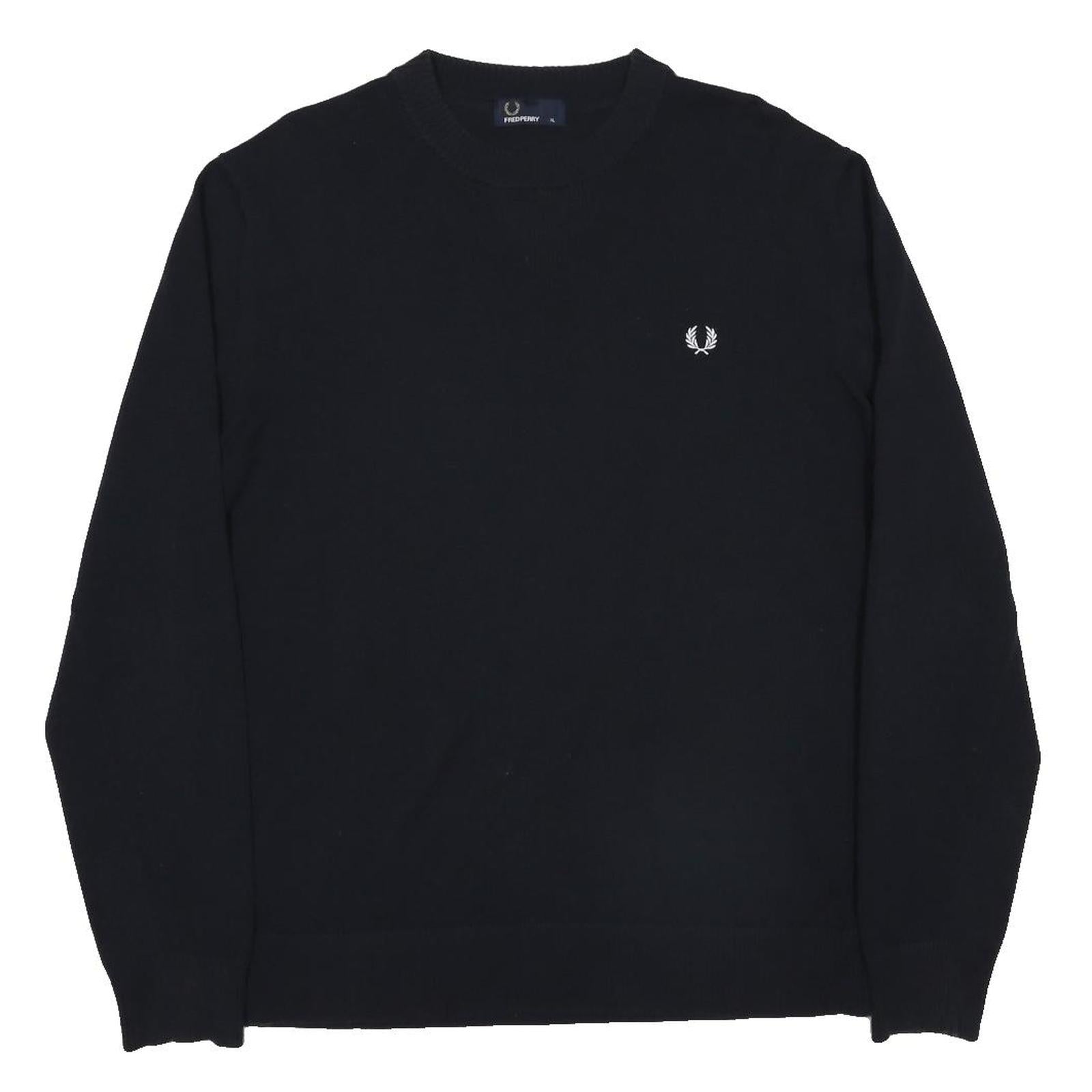 FRED PERRY Mens Black Plain Crew Neck Band Collar Basic Knit Pullover Jumper XL