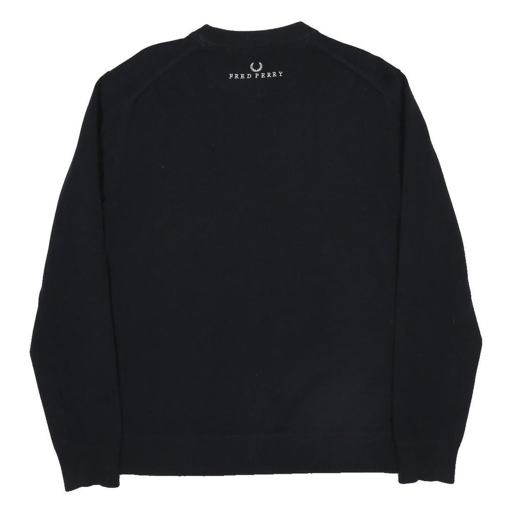 FRED PERRY Mens Black Plain Crew Neck Band Collar Basic Knit Pullover Jumper XL