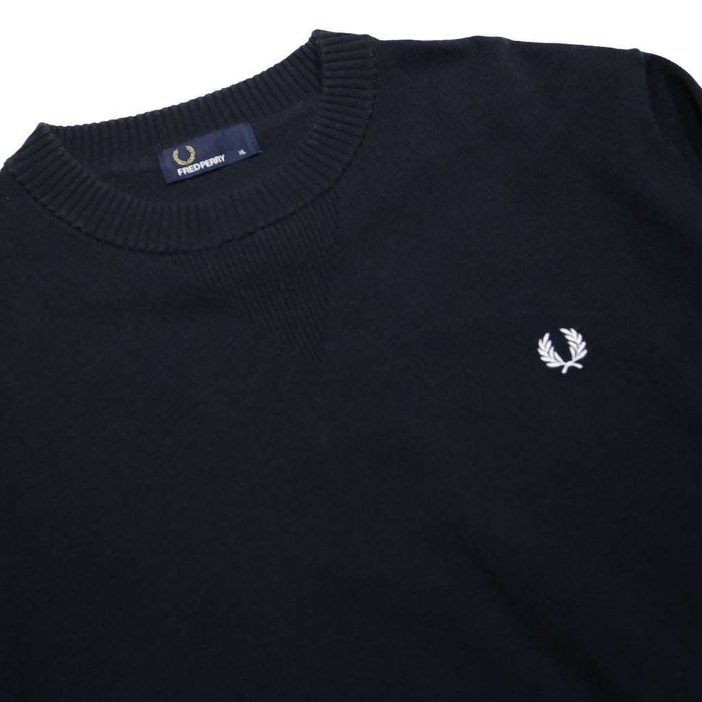 FRED PERRY Mens Black Plain Crew Neck Band Collar Basic Knit Pullover Jumper XL