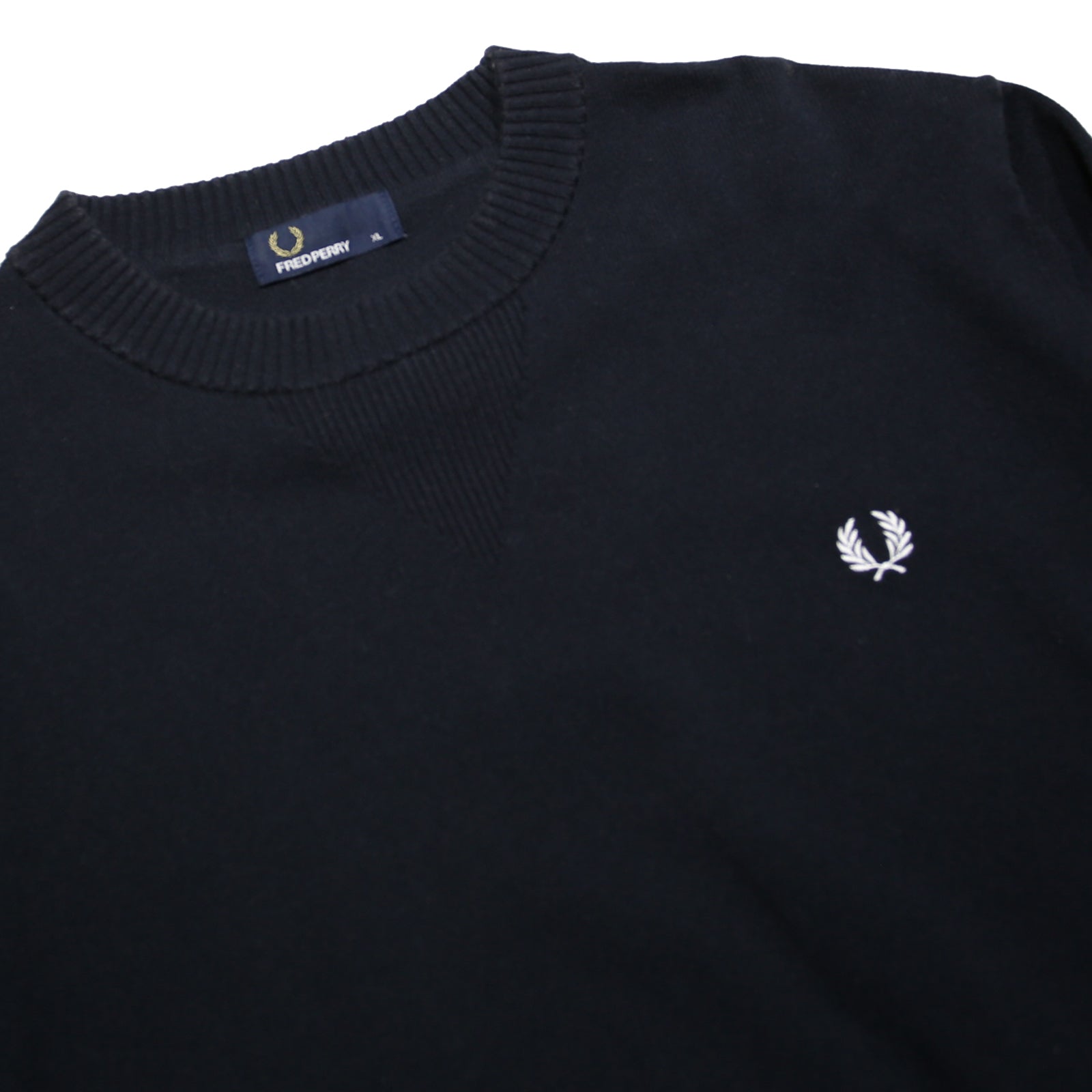 FRED PERRY Mens Black Plain Crew Neck Band Collar Basic Knit Pullover Jumper XL