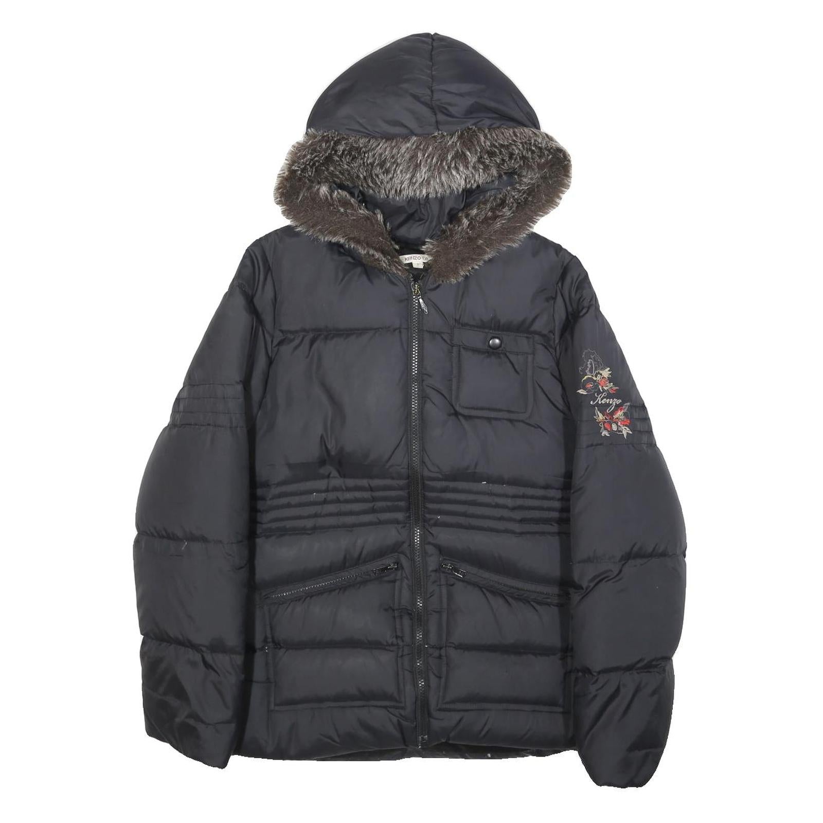 KENZO Girls Black Hooded Zip Jacket S Polyamide Plain Winter Coat Warm