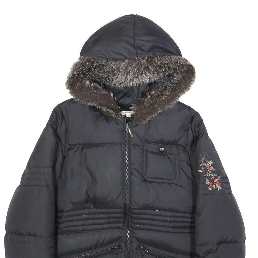 KENZO Girls Black Hooded Zip Jacket S Polyamide Plain Winter Coat Warm