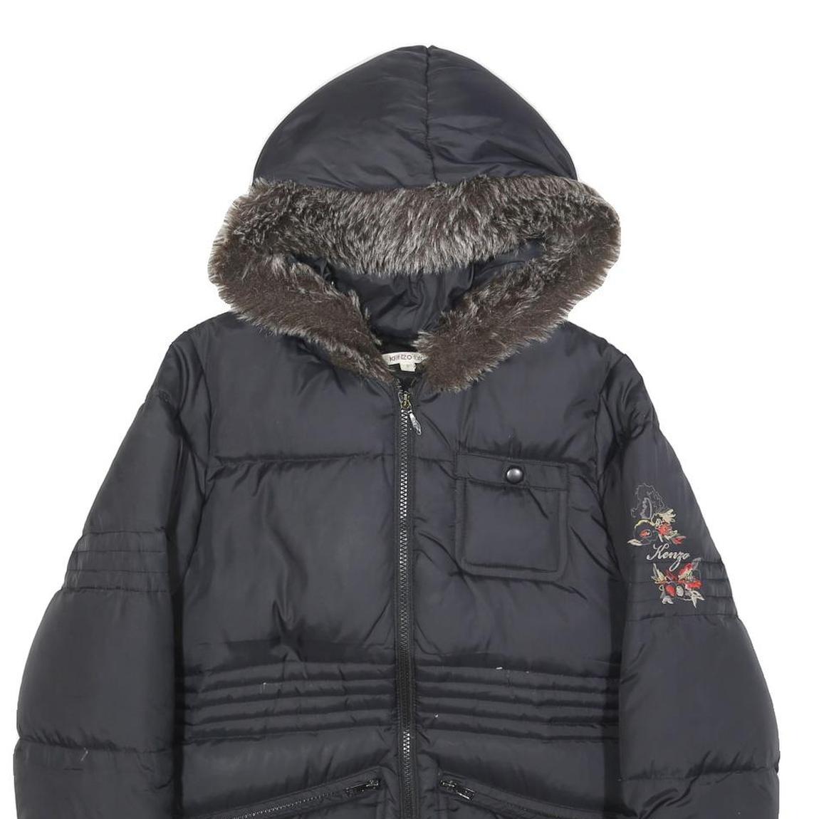 KENZO Girls Black Hooded Zip Jacket S Polyamide Plain Winter Coat Warm