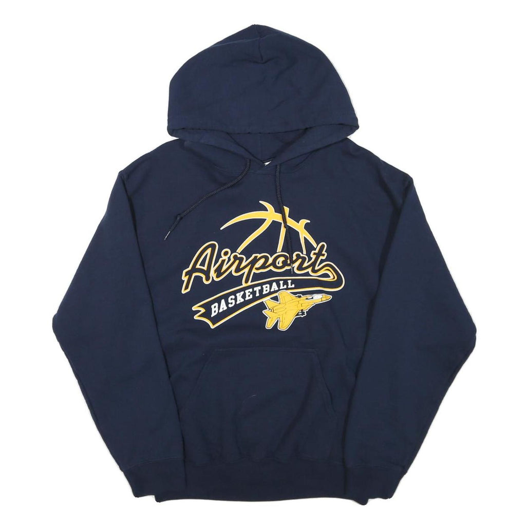 GILDAN Mens Blue Airport Basketball Hoodie M Cotton Blend Pullover Sweatshirt