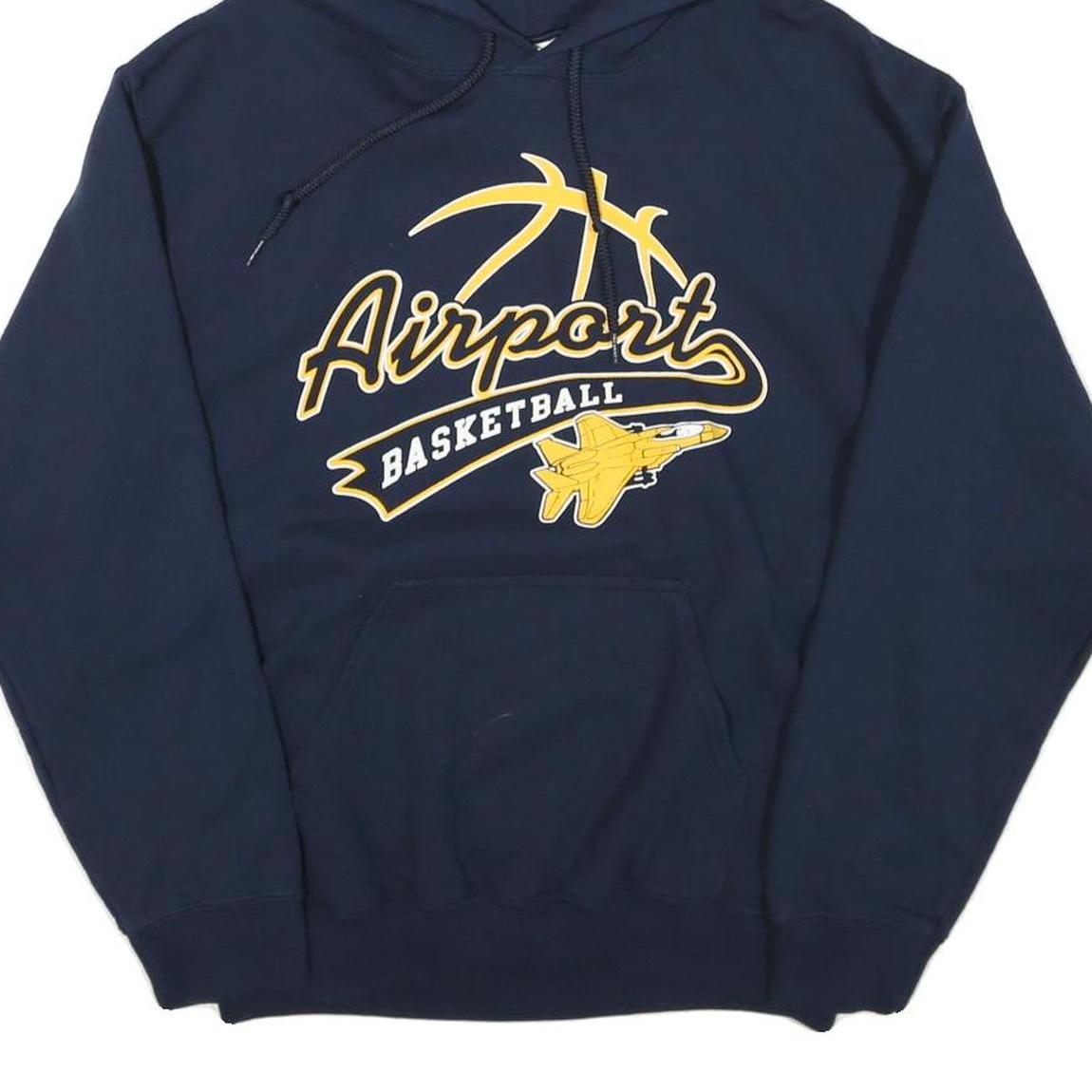 GILDAN Mens Blue Airport Basketball Hoodie M Cotton Blend Pullover Sweatshirt