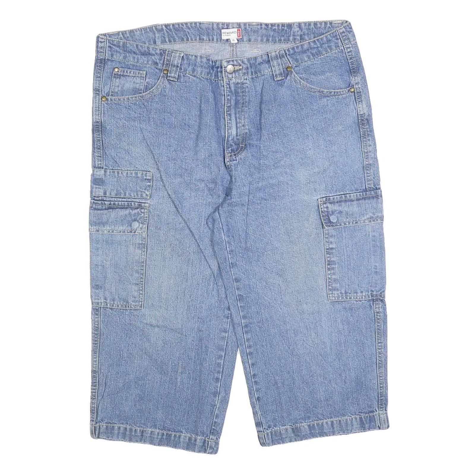 REWARD Mens Denim Blue Cargo Shorts XL W40 Casual Cotton Blend Pocket Design