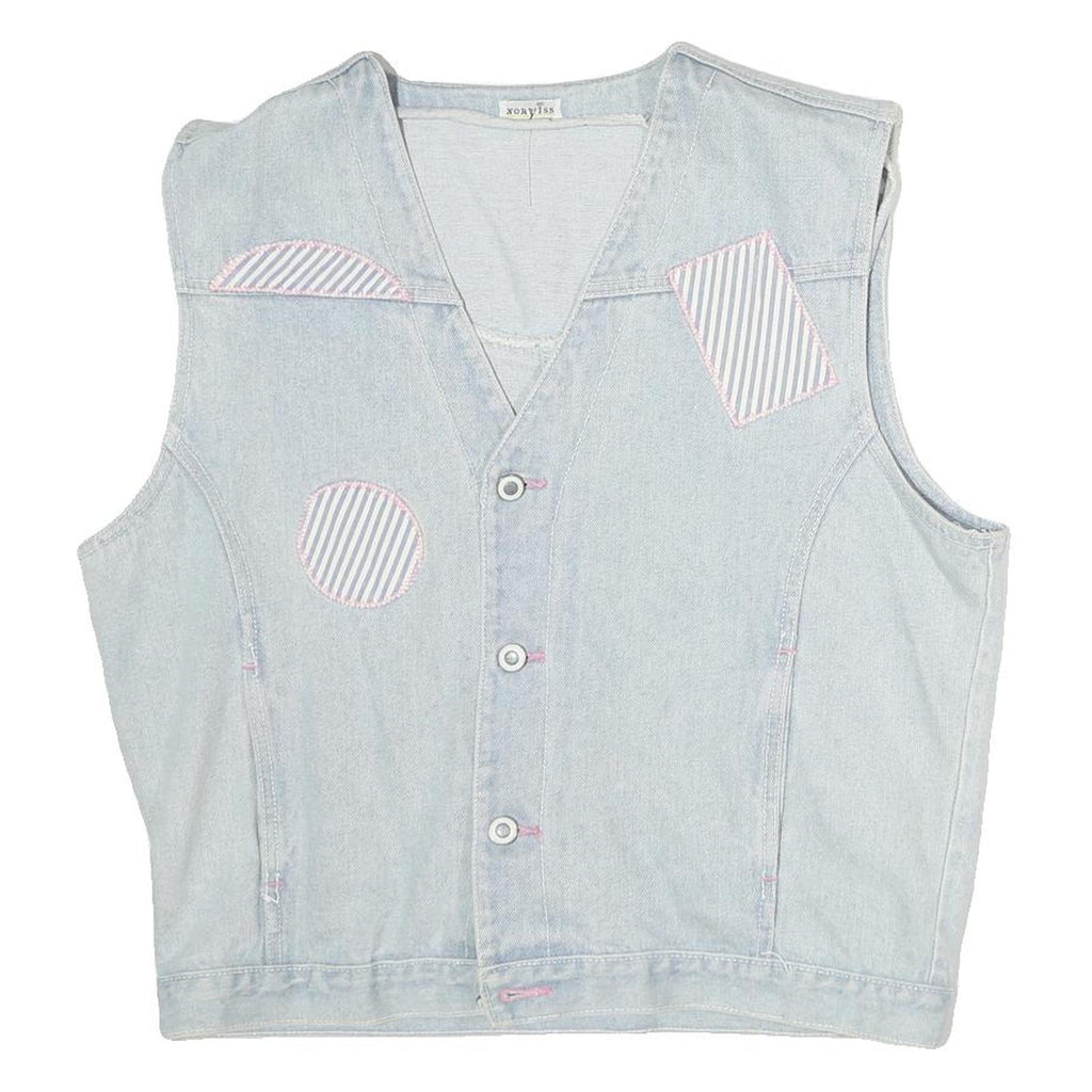 NORVIS Womens Blue Denim Sleeveless Button Jacket M Cotton Stripe Patch
