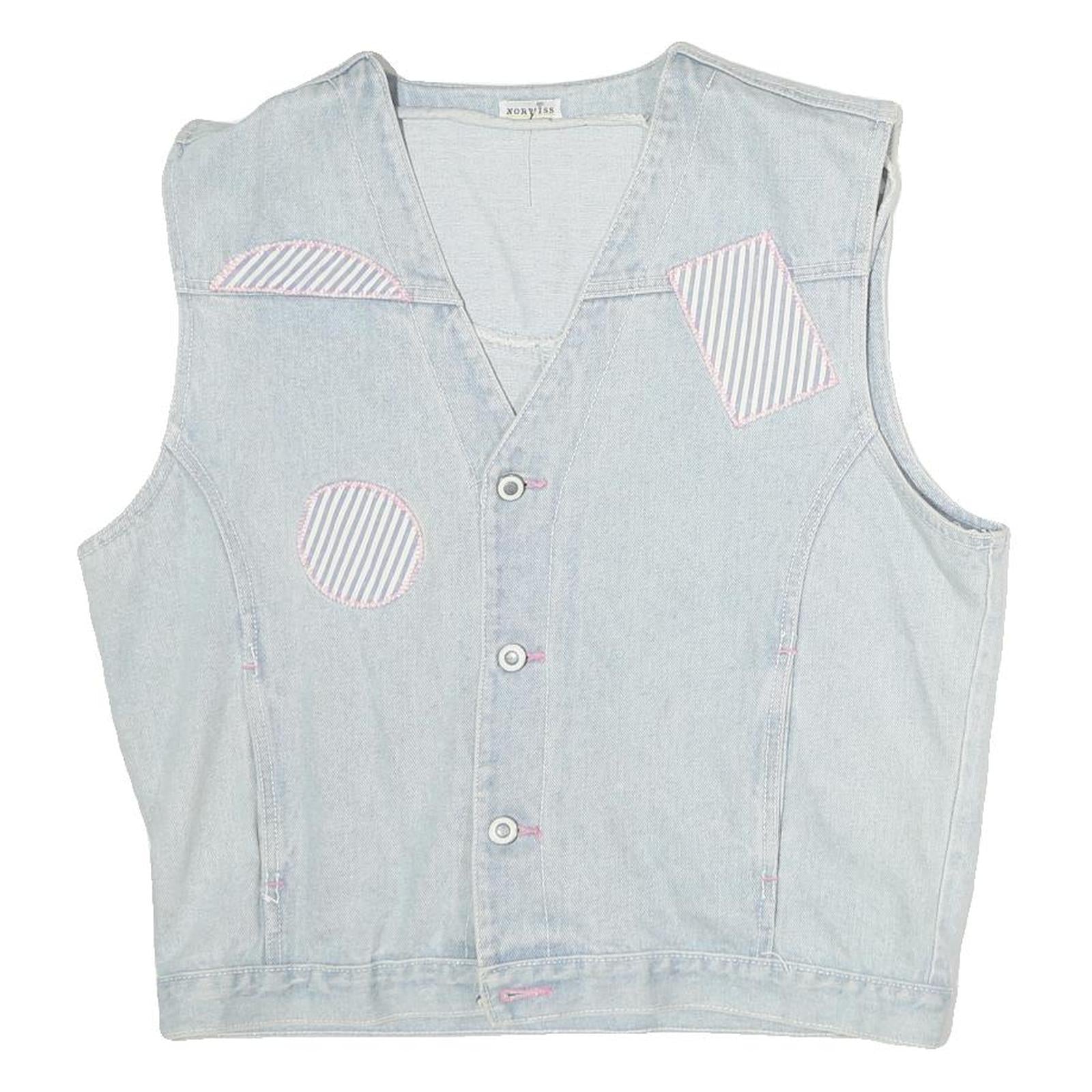 NORVIS Womens Blue Denim Sleeveless Button Jacket M Cotton Stripe Patch