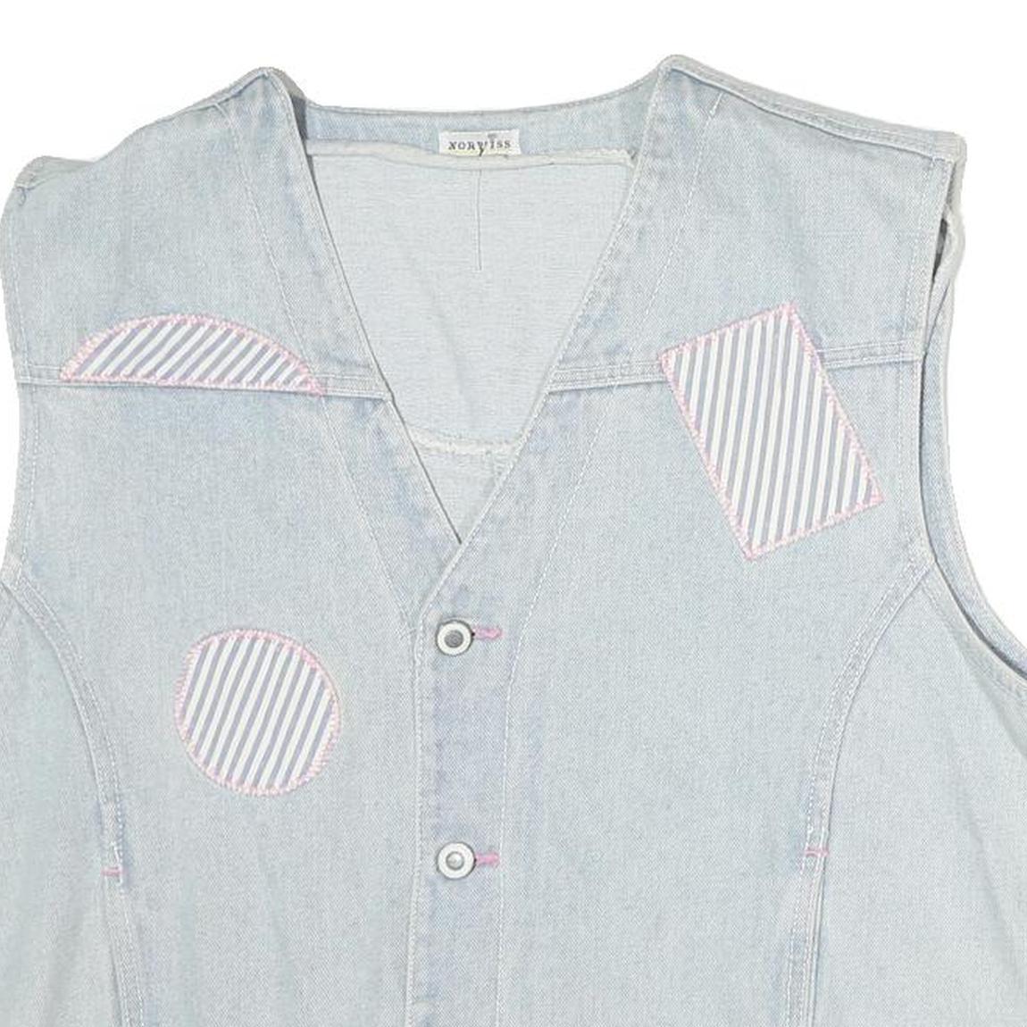 NORVIS Womens Blue Denim Sleeveless Button Jacket M Cotton Stripe Patch