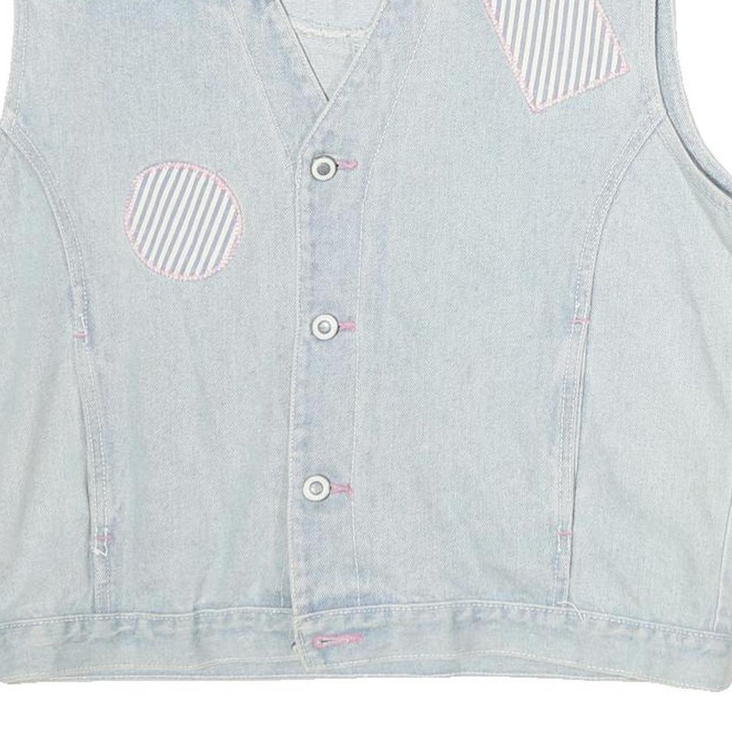 NORVIS Womens Blue Denim Sleeveless Button Jacket M Cotton Stripe Patch