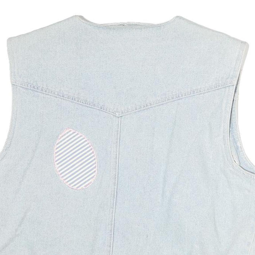 NORVIS Womens Blue Denim Sleeveless Button Jacket M Cotton Stripe Patch