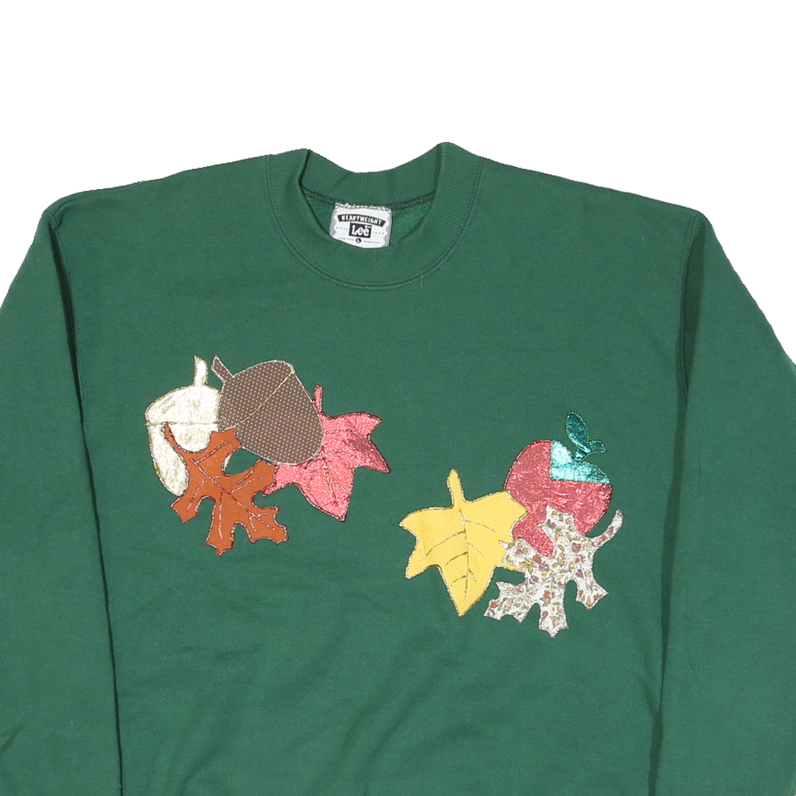 LEE Mens Green Crew Neck L Cotton Blend Applique Autumn Leaves Sweatshirt