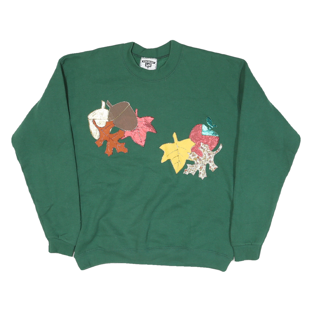 LEE Mens Green Crew Neck L Cotton Blend Applique Autumn Leaves Sweatshirt