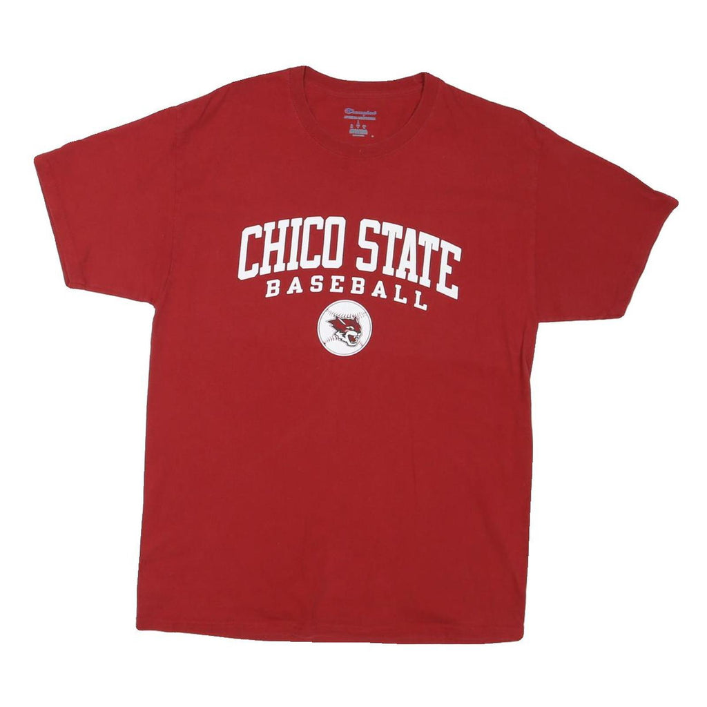 CHAMPION Mens Red Chico State Baseball Graphic T-Shirt L Short Sleeve Crew Neck