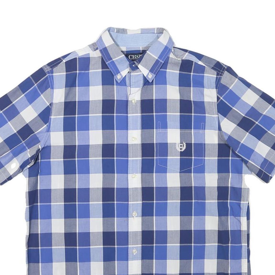 CHAPS Mens Blue & White Check Shirt M Cotton Blend Casual Button-Down Short