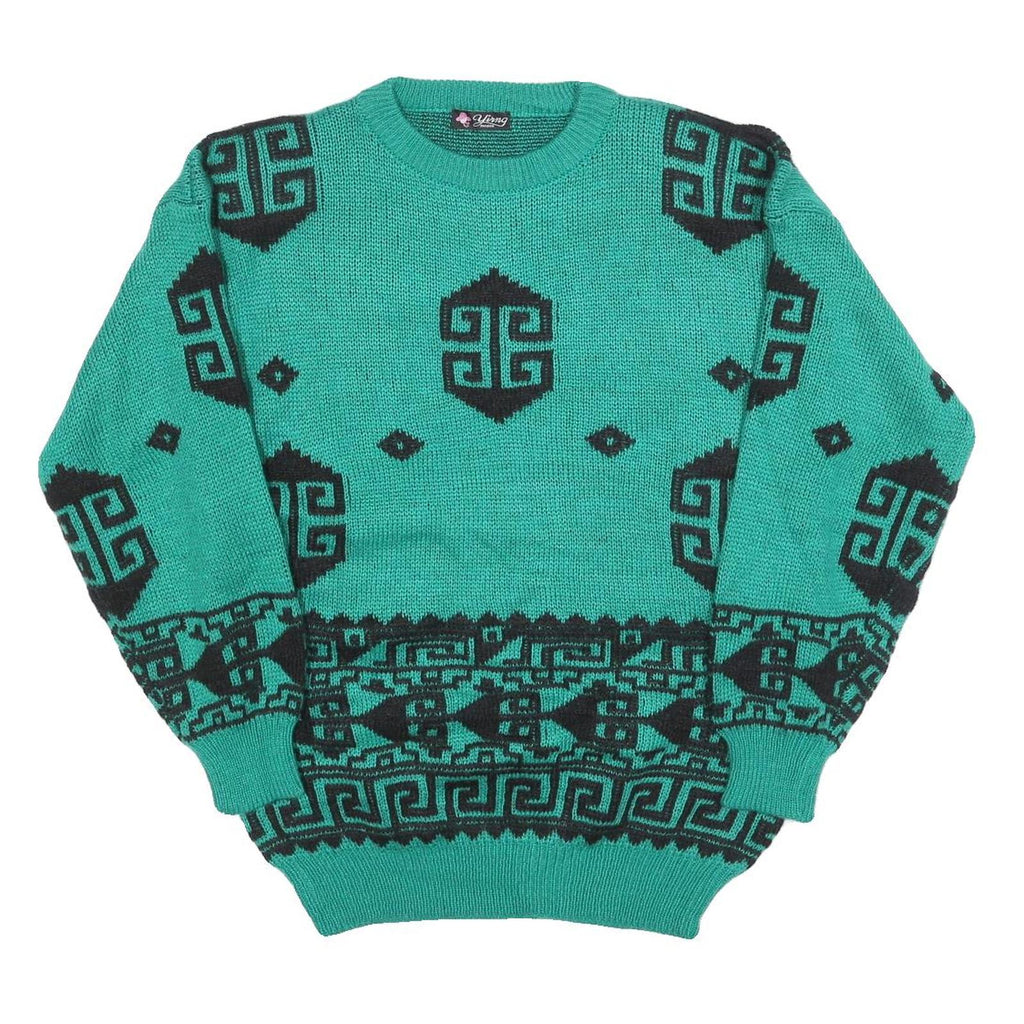 YING Womens Green Patterned Jumper Crew Neck Basic Knit M Fashion Knitwear