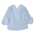 ZARA Womens Light Blue Ruffle Detail Blouse Long Sleeve V-Neck L Cotton Blend